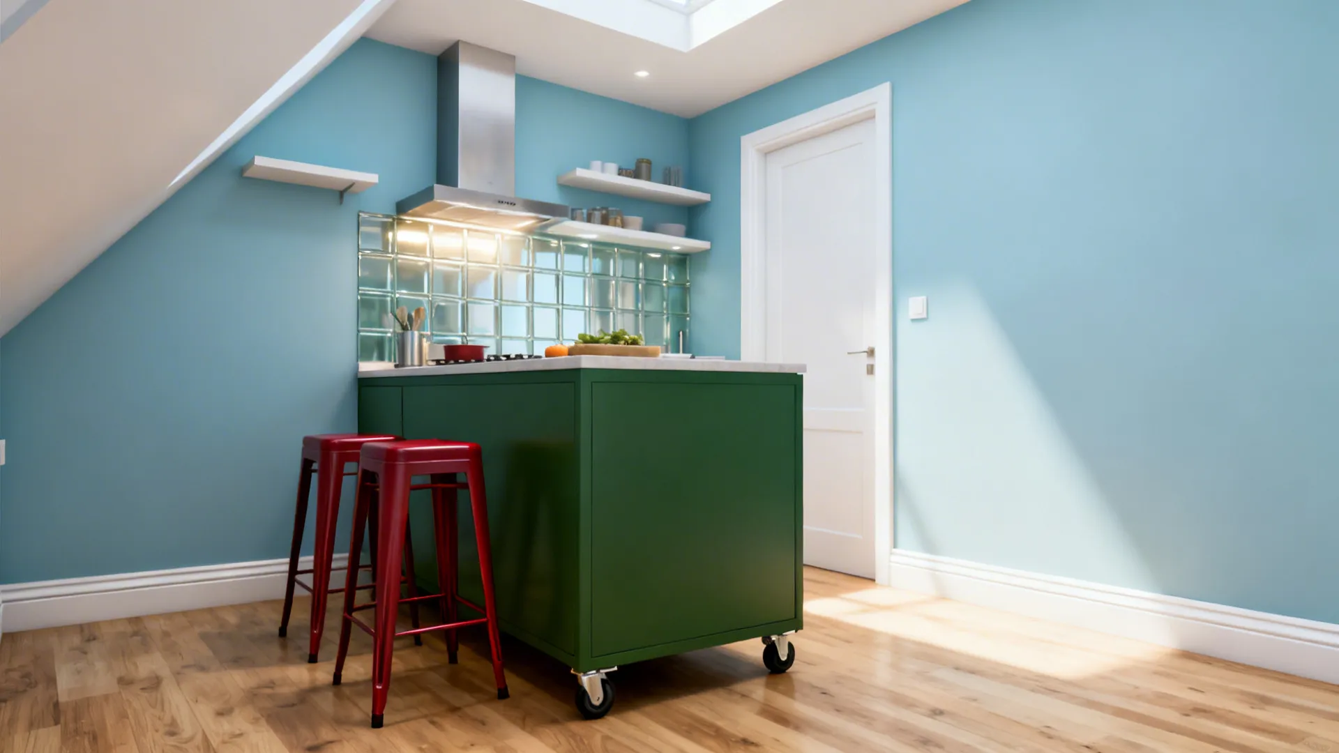 Idea 2: Powder Blue Walls + Forest Green Island + Chili Red Stools