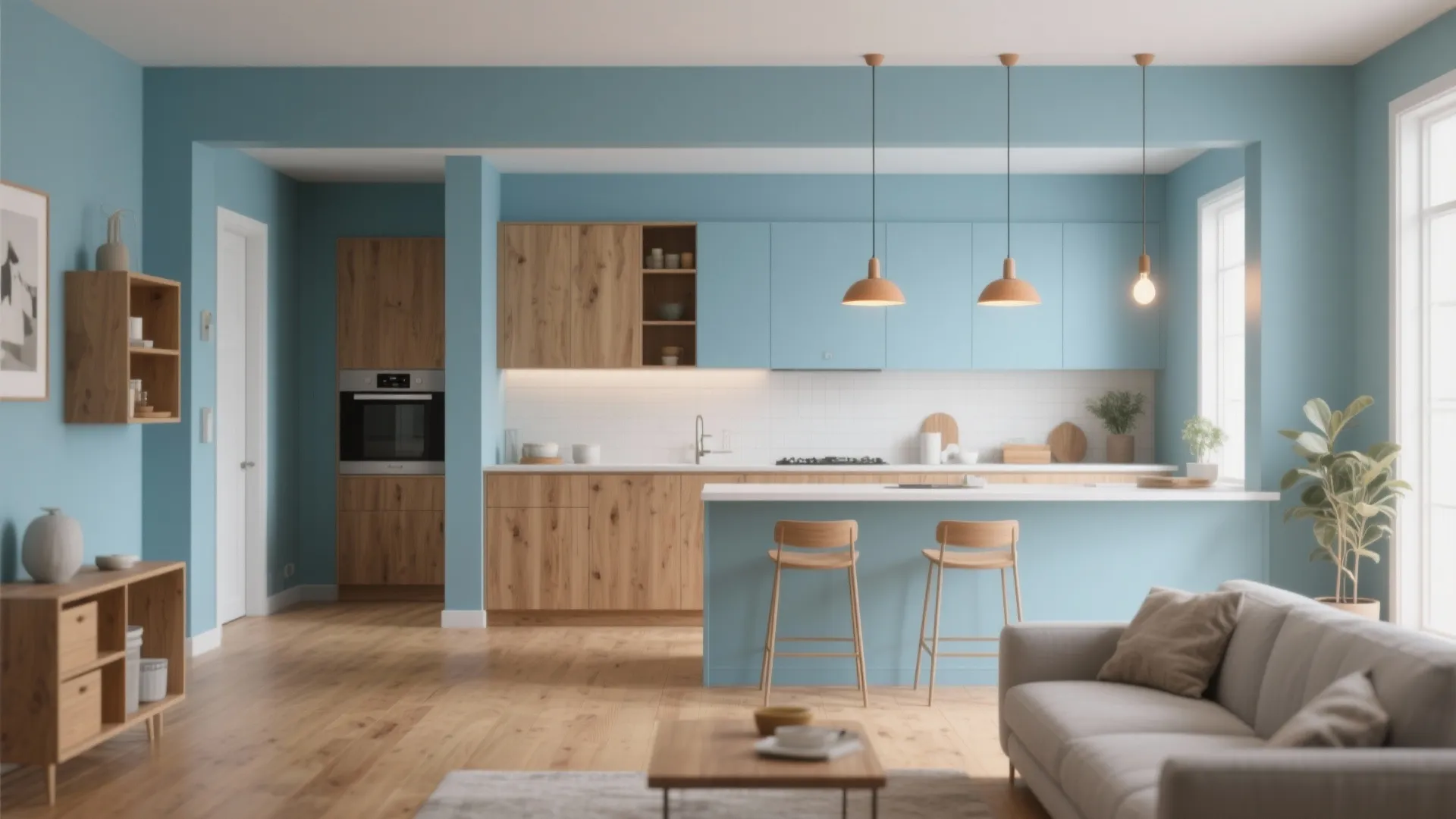 4. Powder Blue with Warm Wood — Cozy and Contemporary