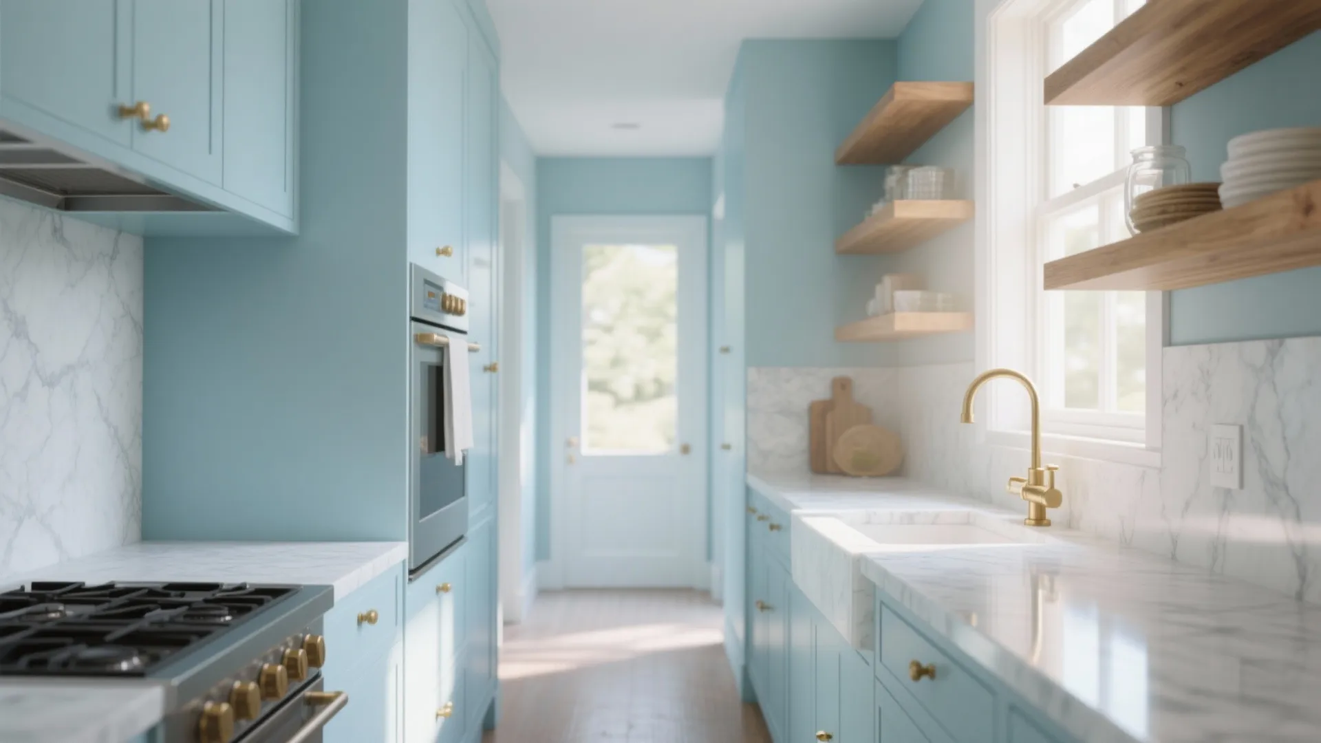 Modern light blue kitchen cabinets with white marble countertop gold faucet and wooden wall shelves