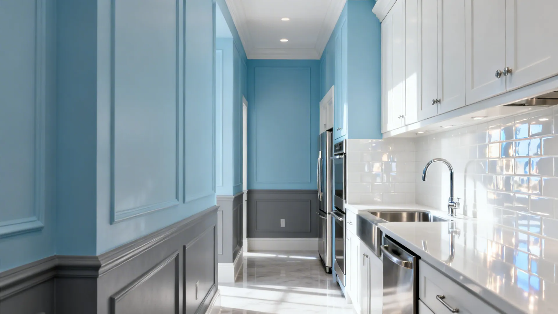Powder blue kitchen walls with glossy white tile and stainless accents.