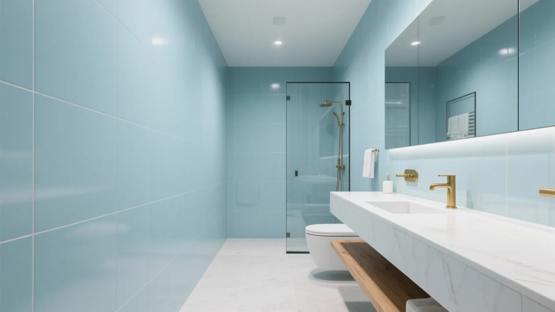Modern bathroom with light blue wall tiles white sink gold faucets and glass shower door