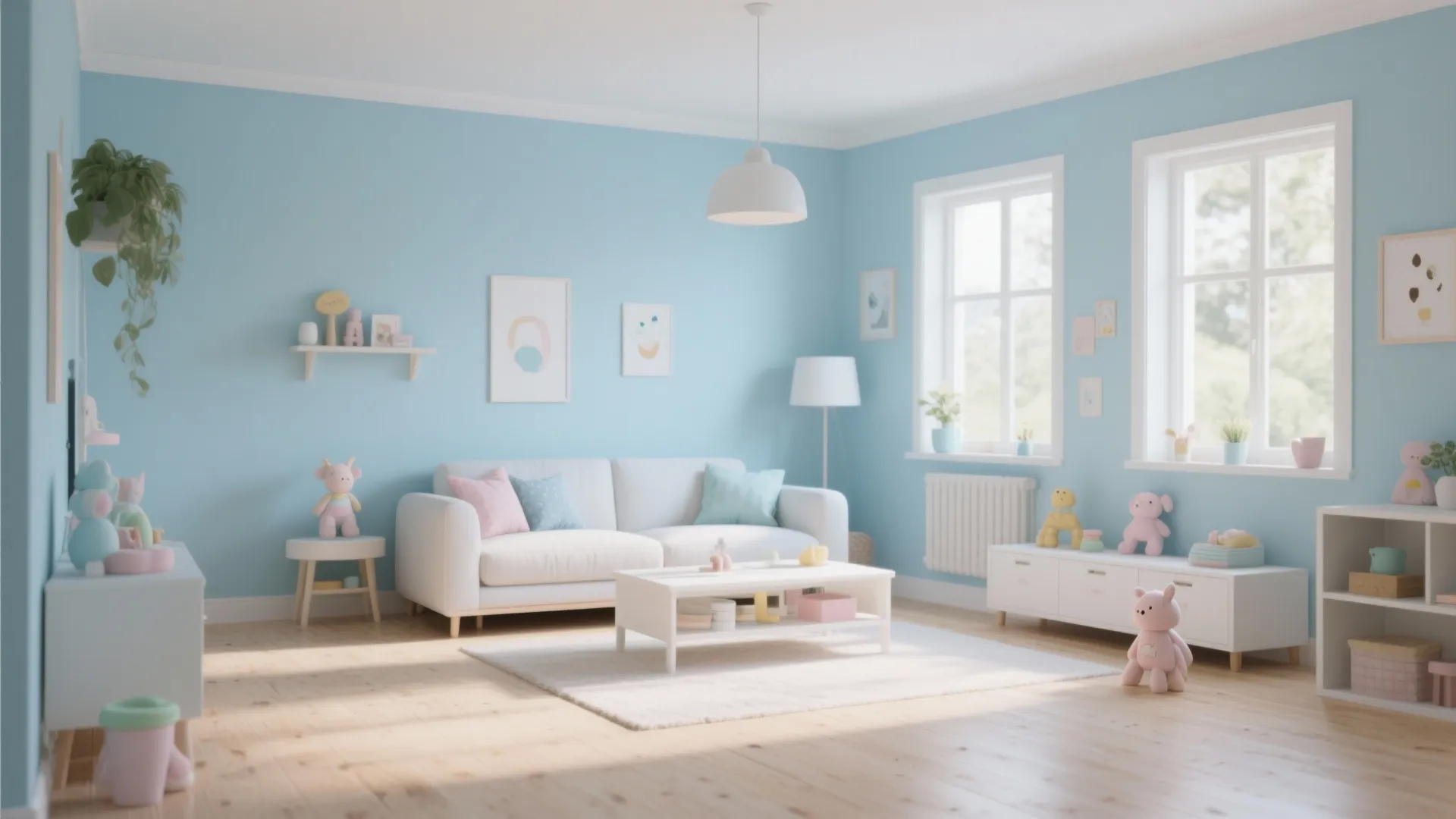 Powder blue Scandinavian living room with light wood floor