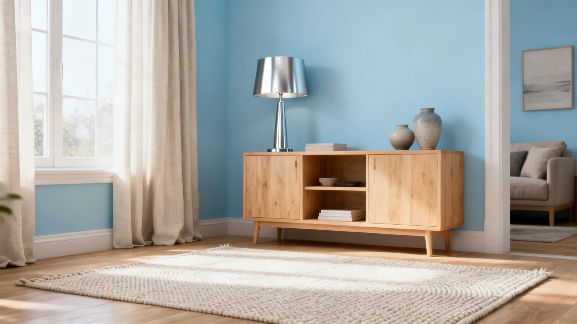 Small living room with powder blue walls, satin silver lamp and pale wood accents, bright and airy.