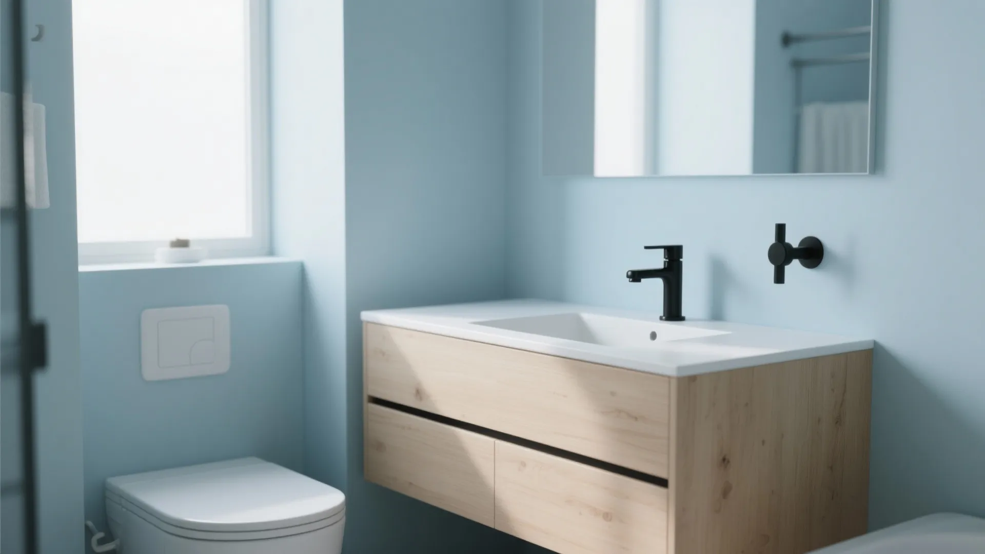 Scandinavian style bathroom with powder blue walls