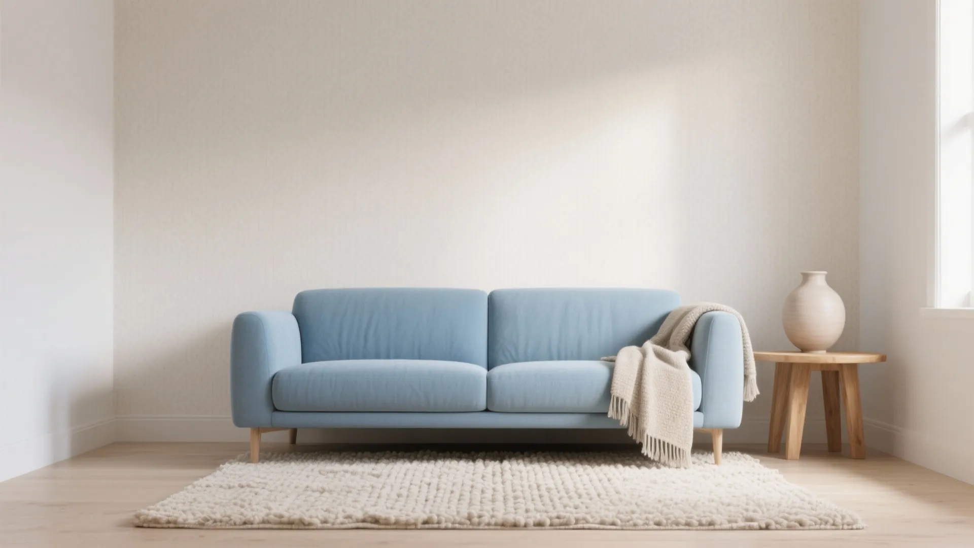 Minimalist living room with a light blue sofa a wooden side table and white rug
