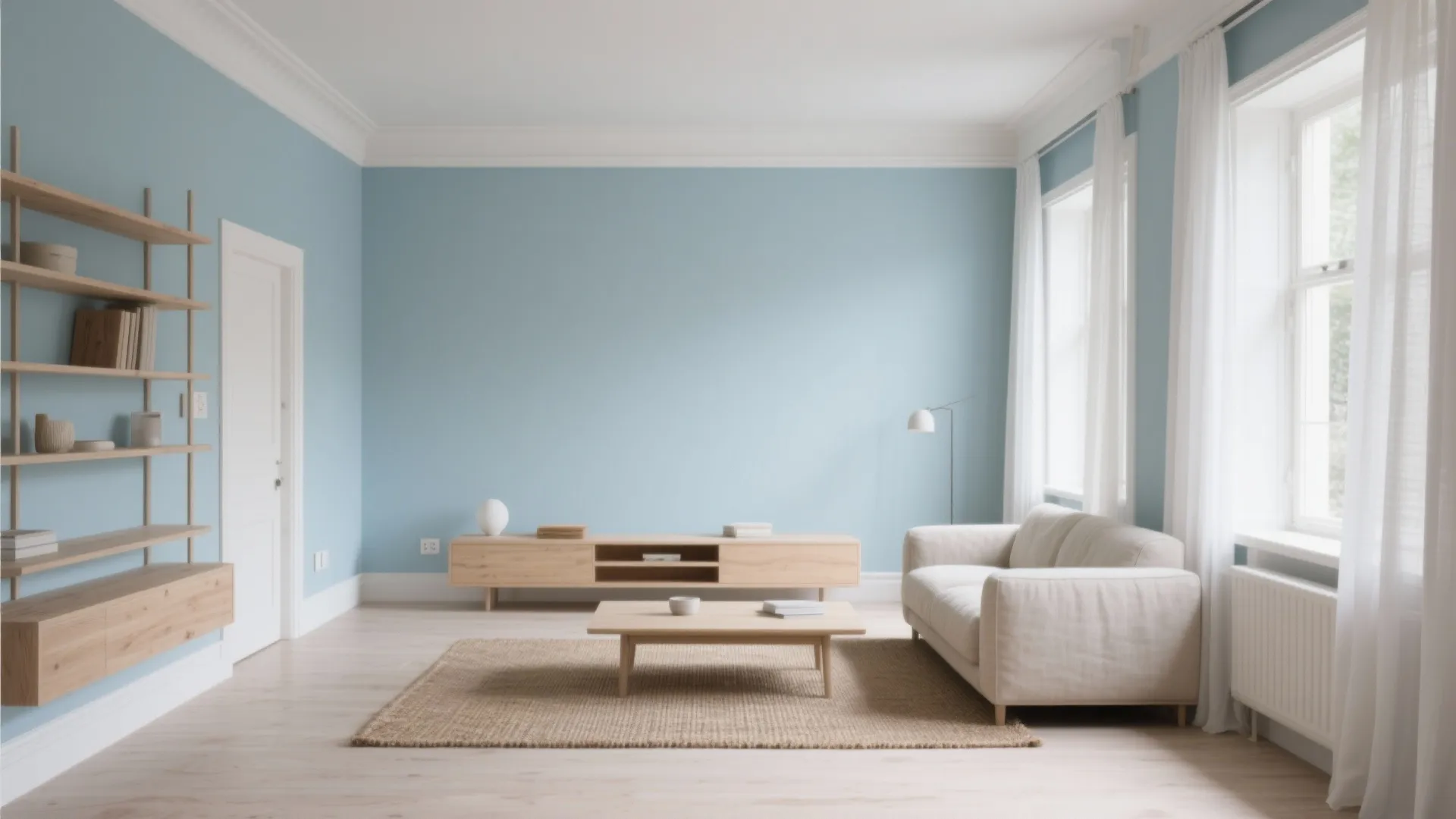 Minimalist living room with powder blue walls light wood furniture white sofa rug and large windows