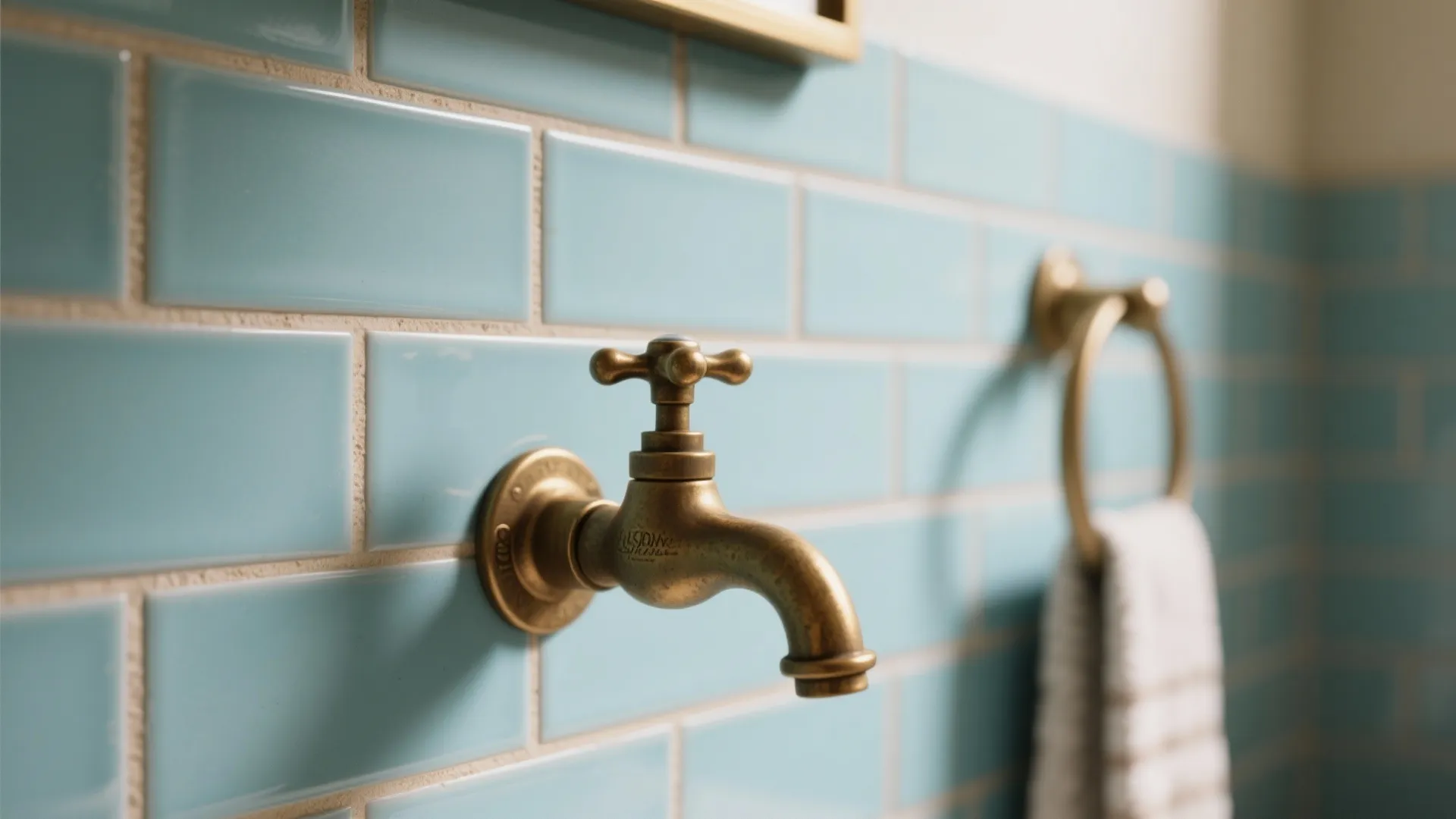 1. Powder-Blue Subway Tile with Brass Accents