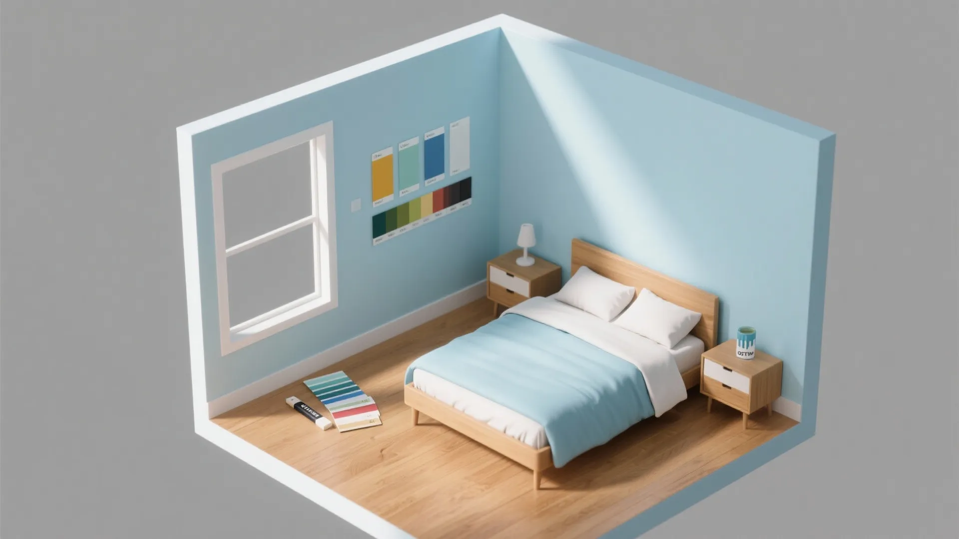 Modern 3D bedroom model with light blue walls wooden furniture white bedding and color samples