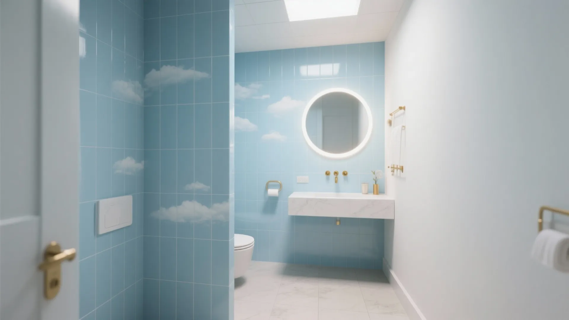 Powder blue vertical stacked tiles on the vanity wall with cloud white walls raising the ceiling feel.