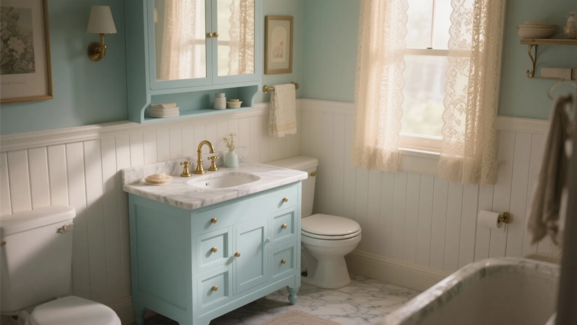 Vintage bathroom with light blue cabinet, marble top, white wall panel, and lace window curtain
