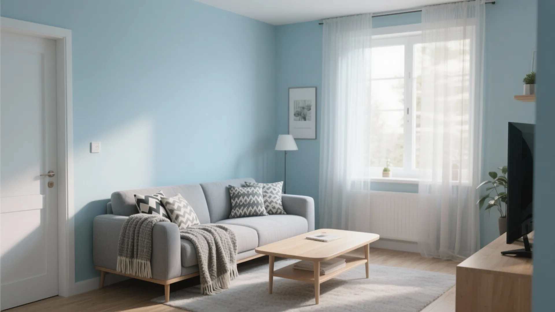 Small living room with soft powder blue walls and grey sofa