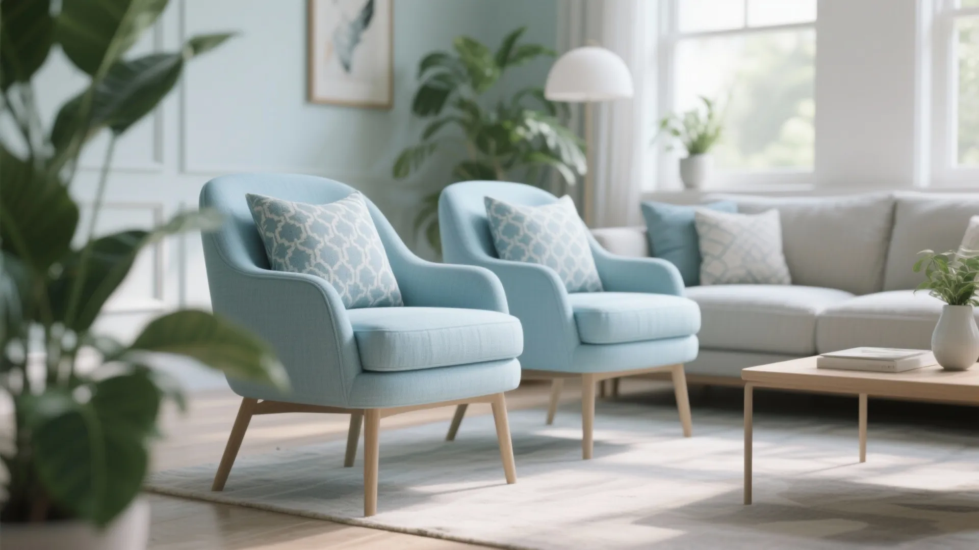 3. Powder Blue Accent Chairs with Patterned Cushions