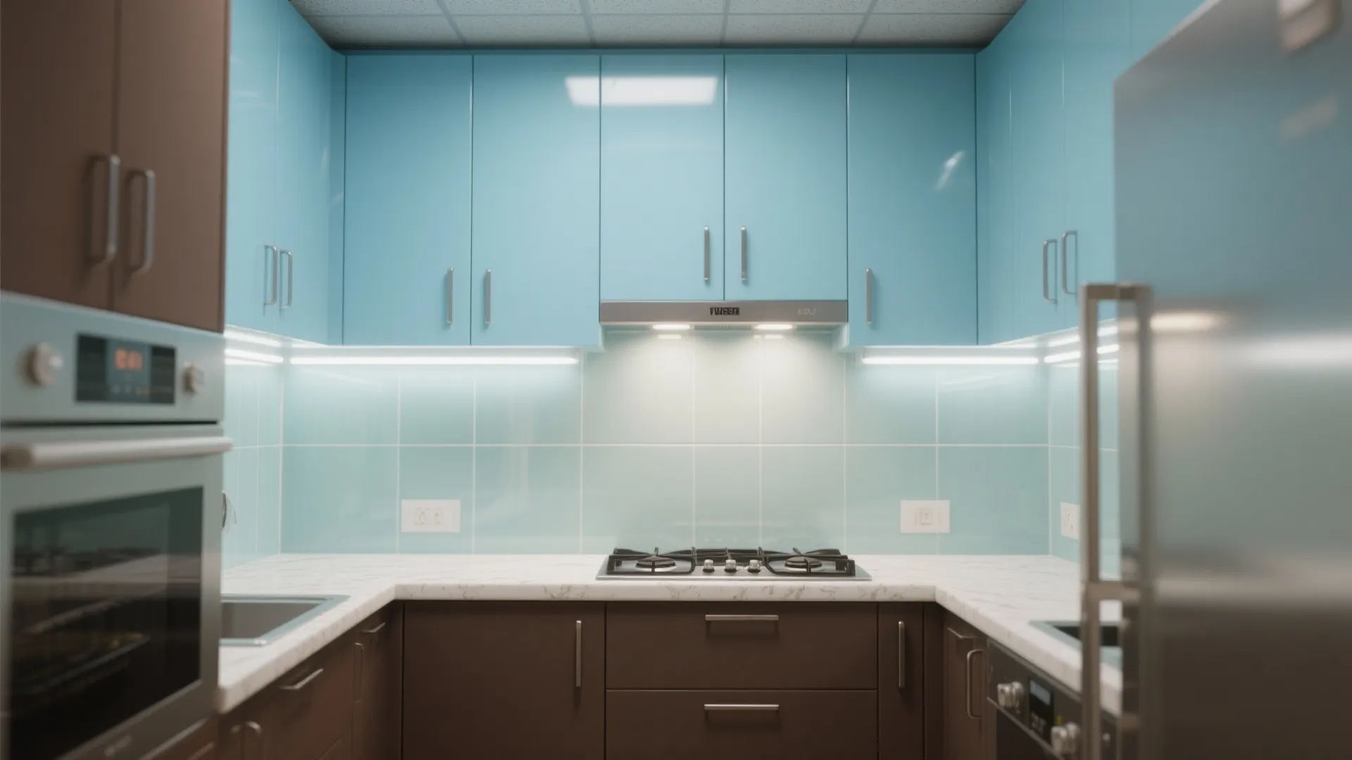 2. Powder Blue Upper Cabinets with Chocolate Base