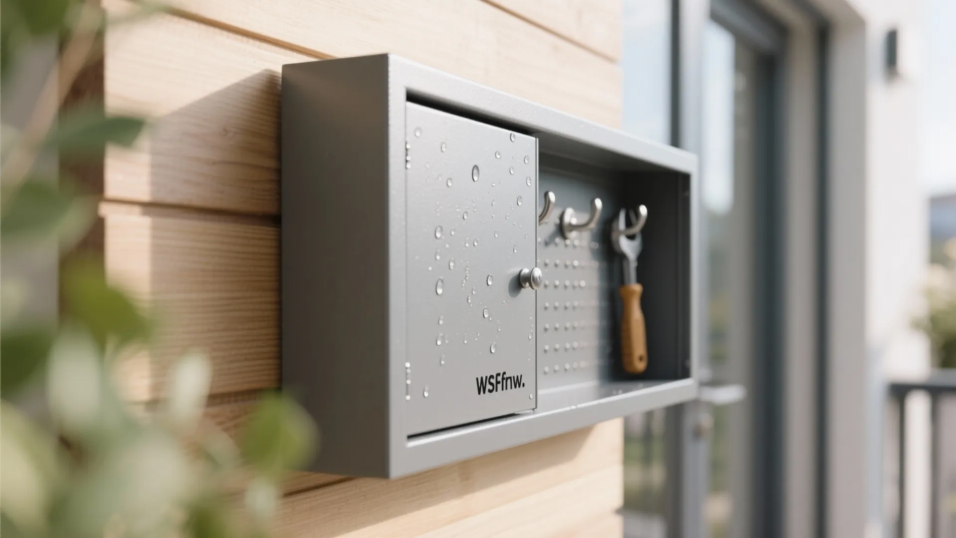 Macro detail of powder-coated outdoor cabinet with matte finish and hooks.