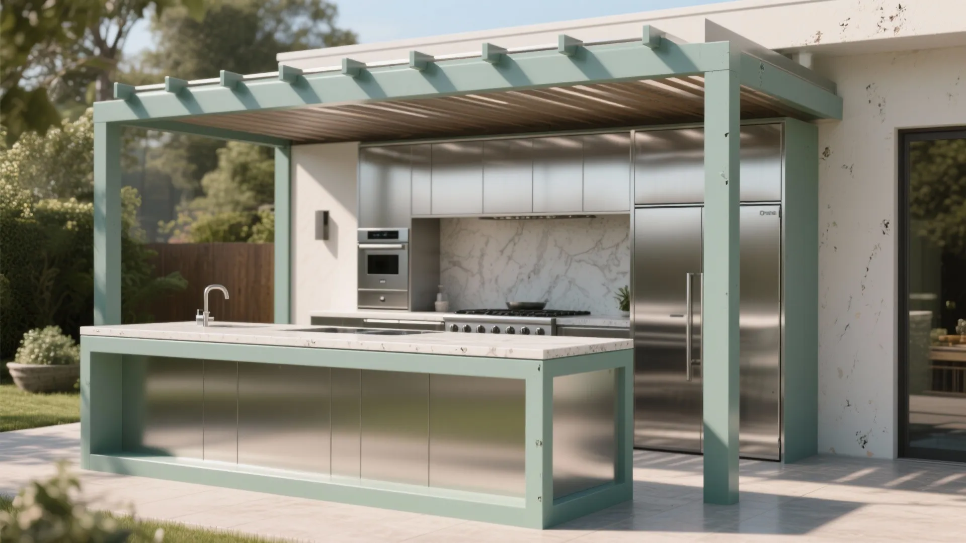 Outdoor kitchen island with powder-coated frame in muted color and stainless steel panels