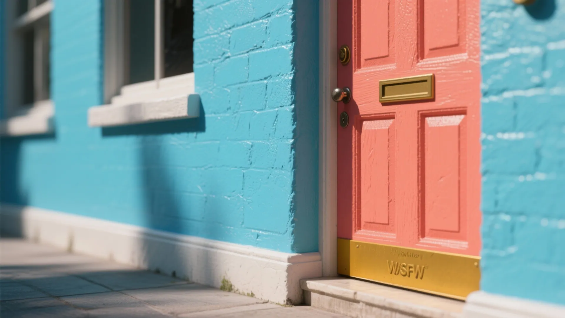Pink wooden front door with gold mail slot set against a bright blue brick wall