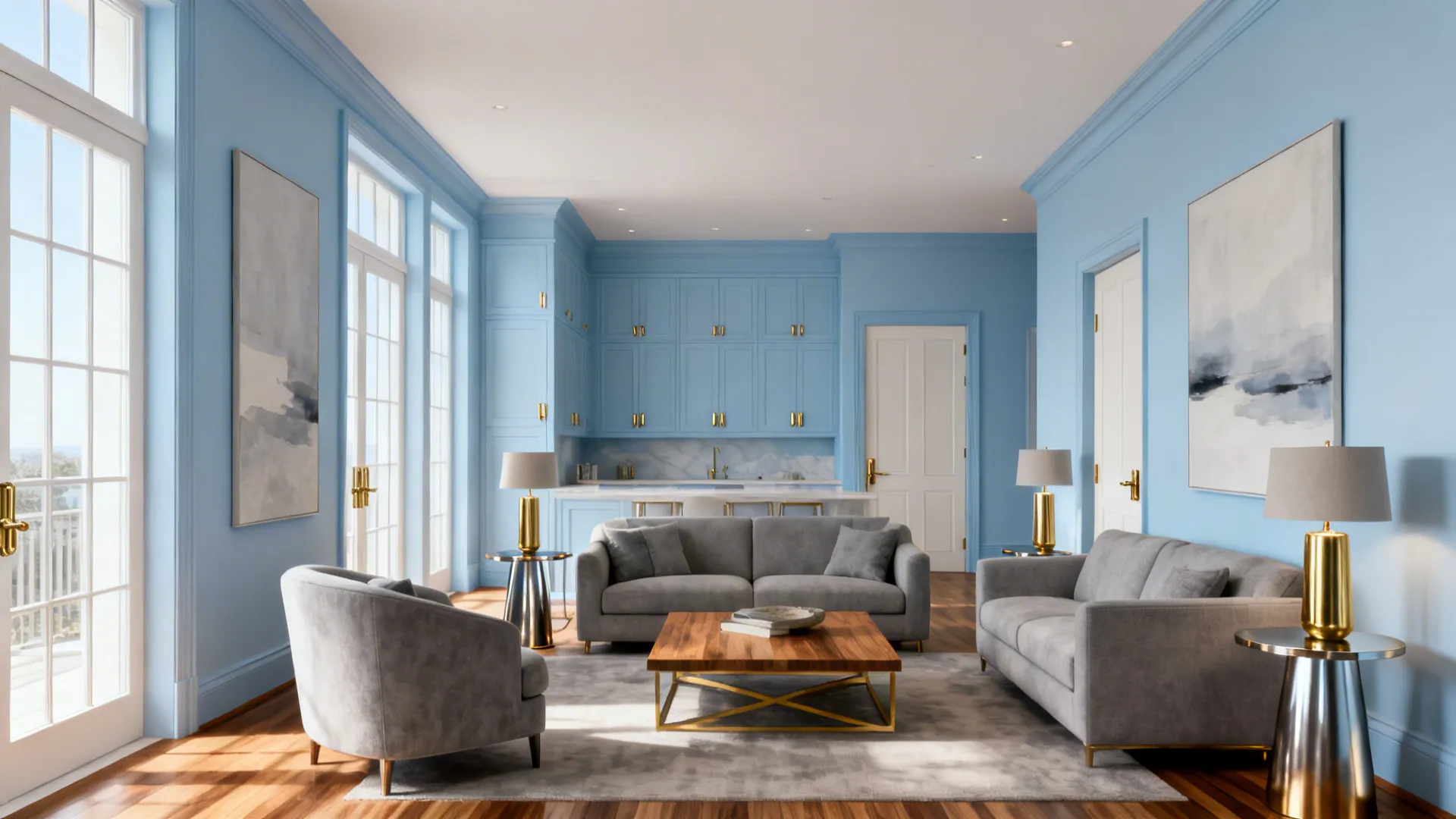 Light blue living room with grey sofas wooden coffee table gold lamps and blue cabinets