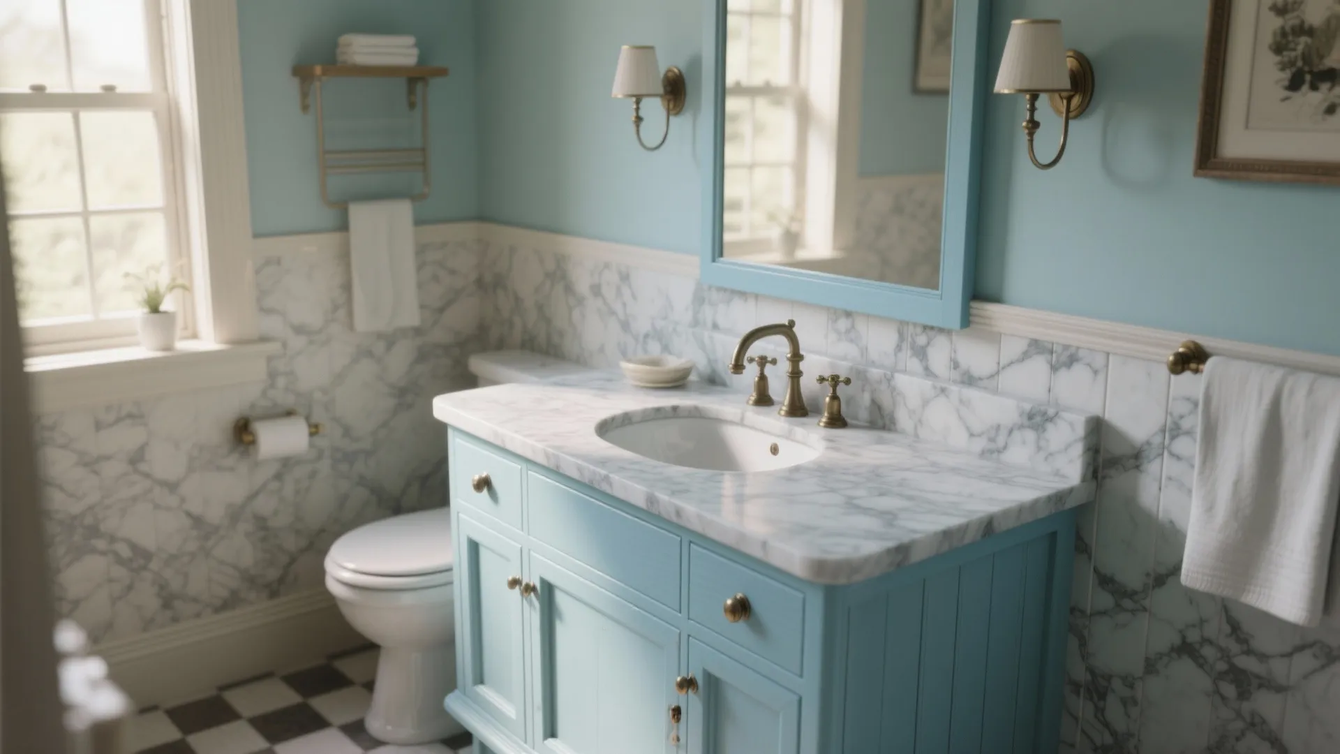 Tip 4: Powder Blue Vanity with Grey Marble Top