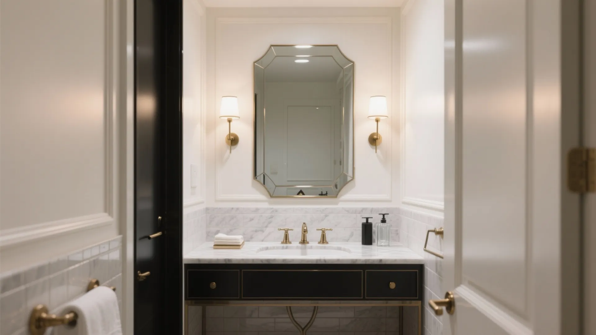 Elegant bathroom vanity with marble top black cabinet gold faucet and a large wall mirror