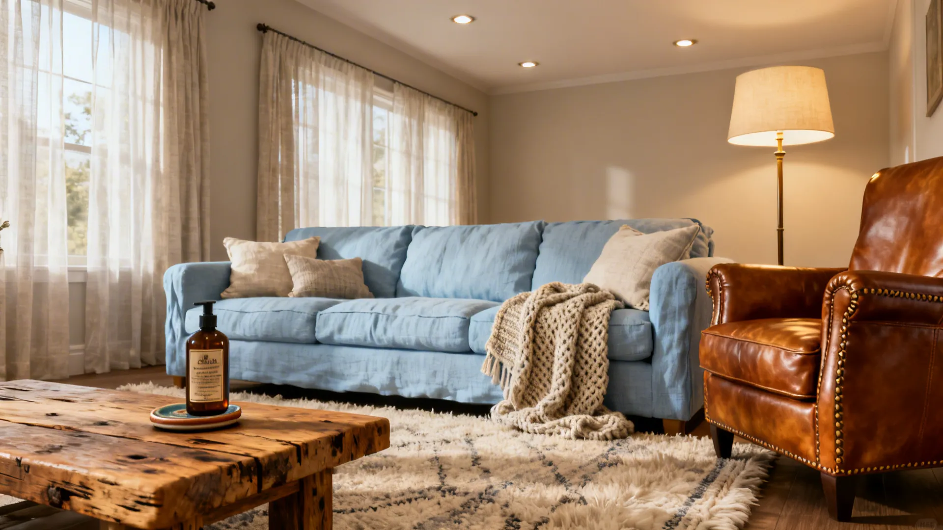 Powder blue linen sofa paired with cognac leather chair in a cozy living room