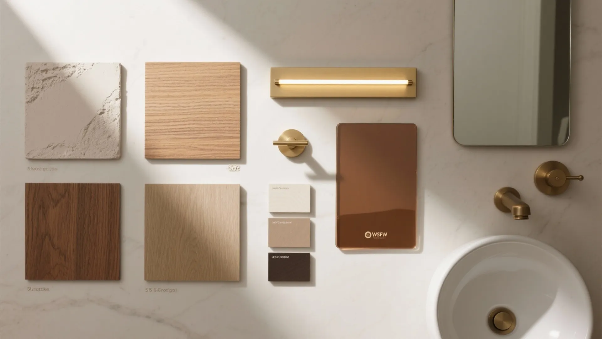 Flat lay of interior design materials including wood samples stone tiles brass faucet and light fixture