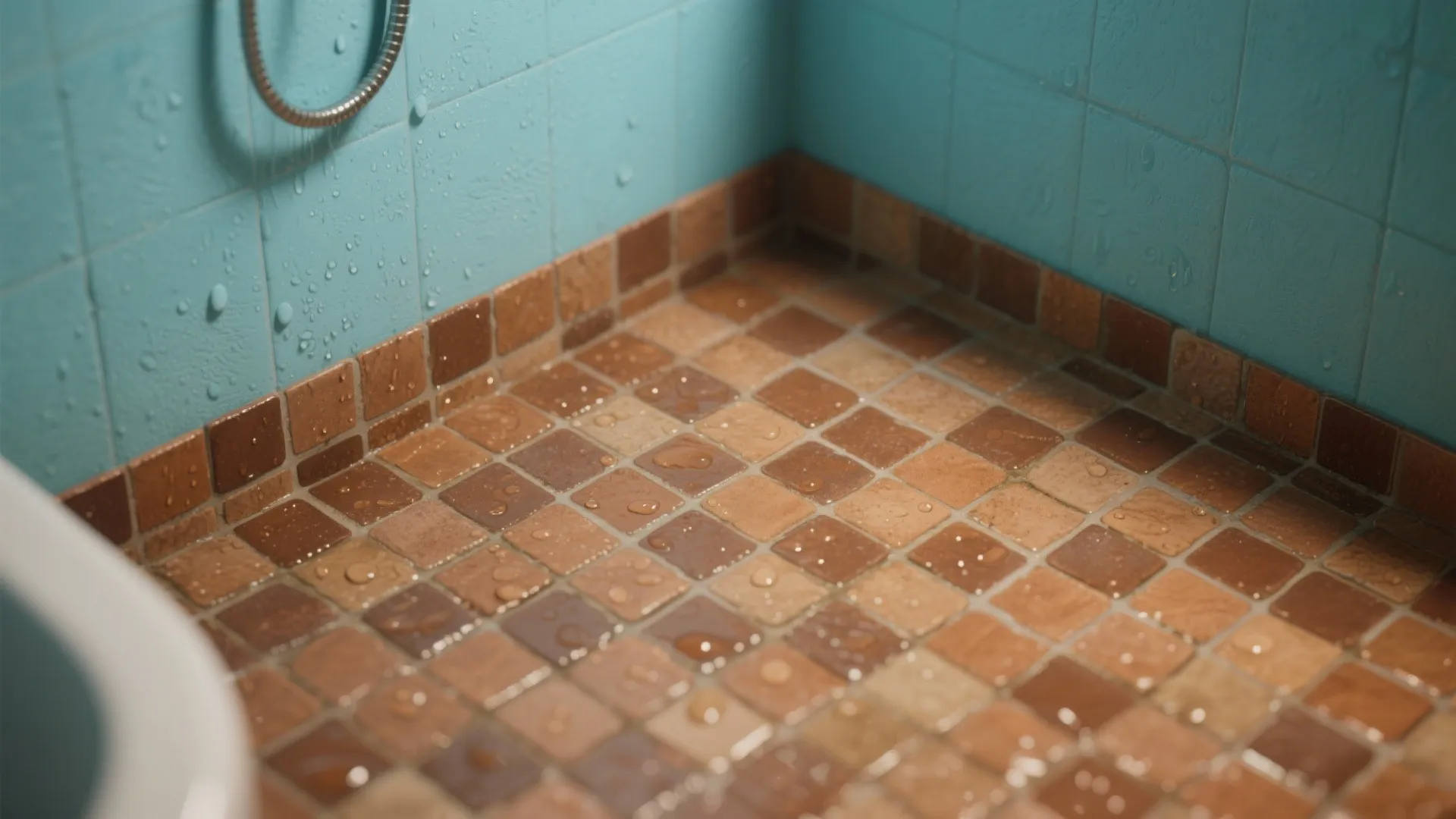 4. Powder blue with terracotta-brown mosaic tiles