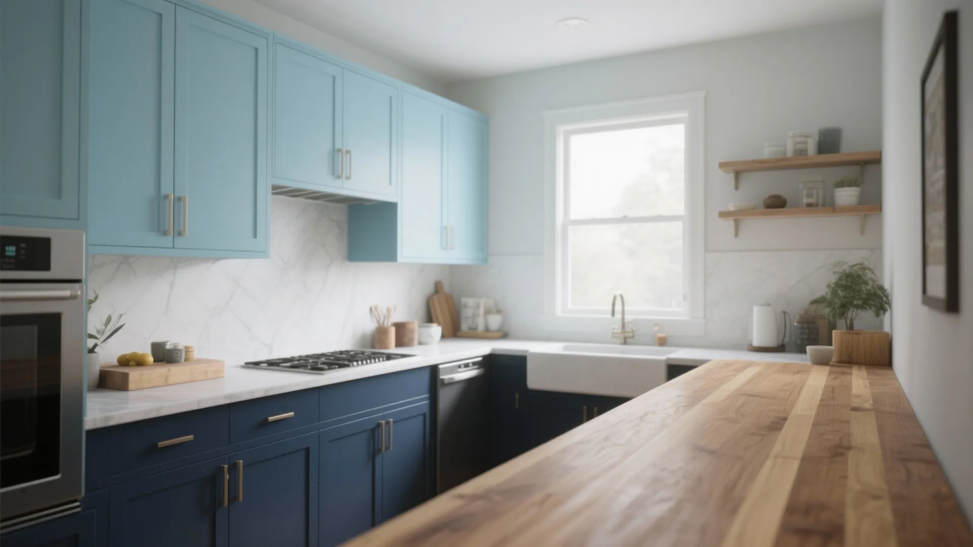 Modern kitchen with light blue upper cabinets and navy blue lower cabinets with wood countertop surface