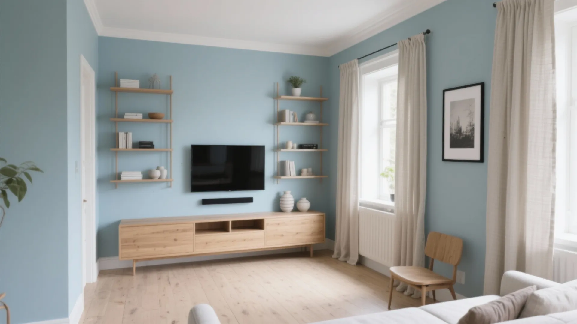 Powder Blue, Light Oak, and Linen