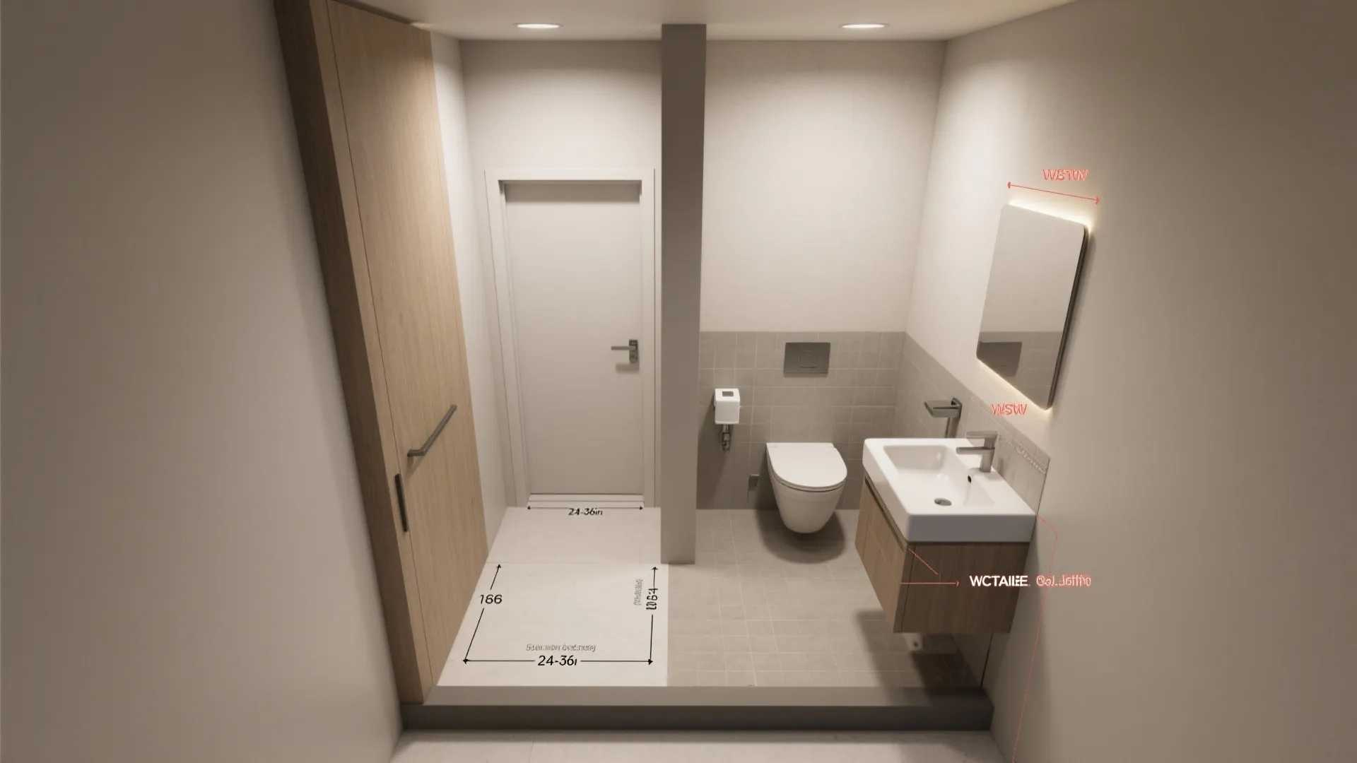Interior design drawing showing a bathroom layout with toilet sink mirror and floor plan measurements