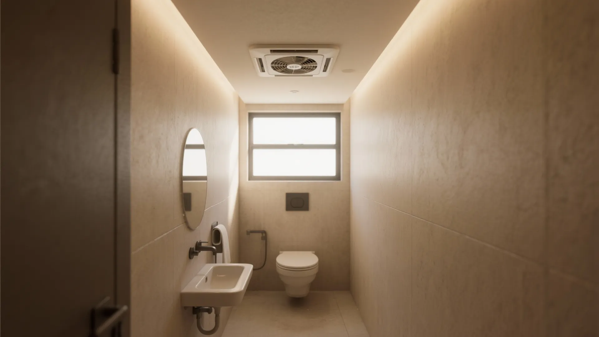 Small powder room with an integrated 4" inline fan preserving a clean ceiling line.