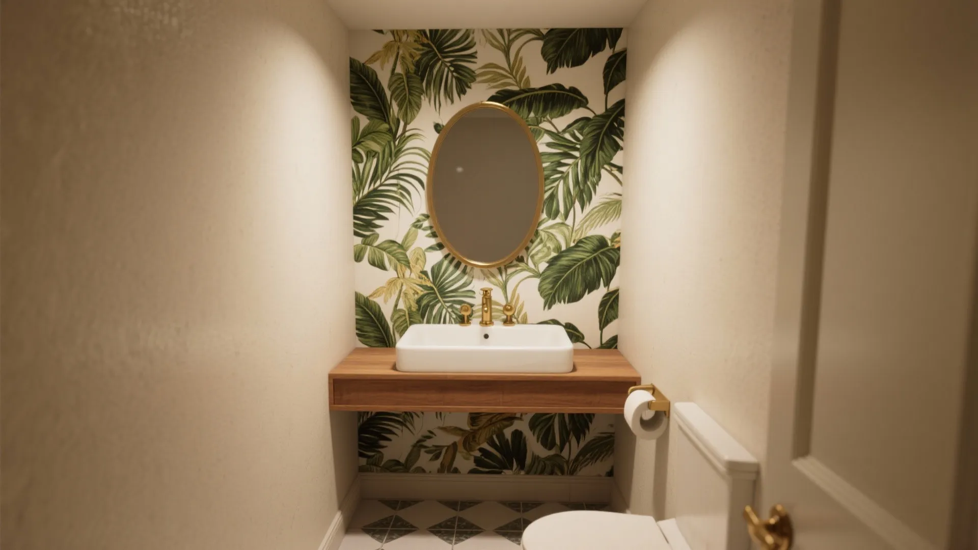Small bathroom with tropical leaf wallpaper oval mirror wooden counter white sink and gold metal fixtures