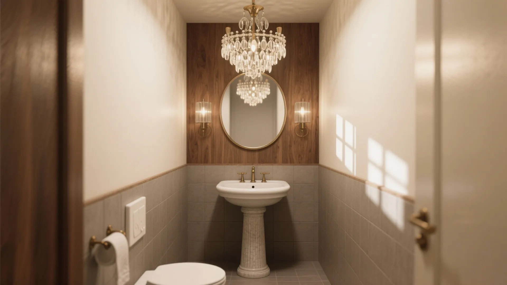 Elegant powder room with a crystal ceiling light round mirror white sink and wood wall
