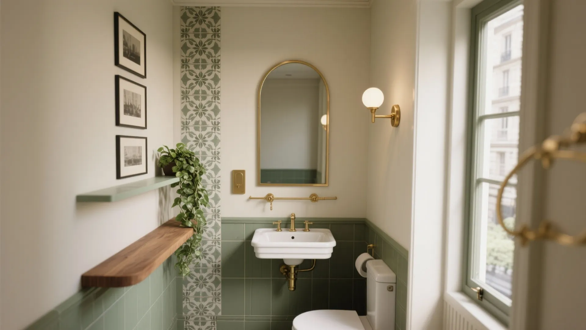 Elegant bathroom featuring green wall panel, gold arched mirror, white sink, and decorative floral tiles