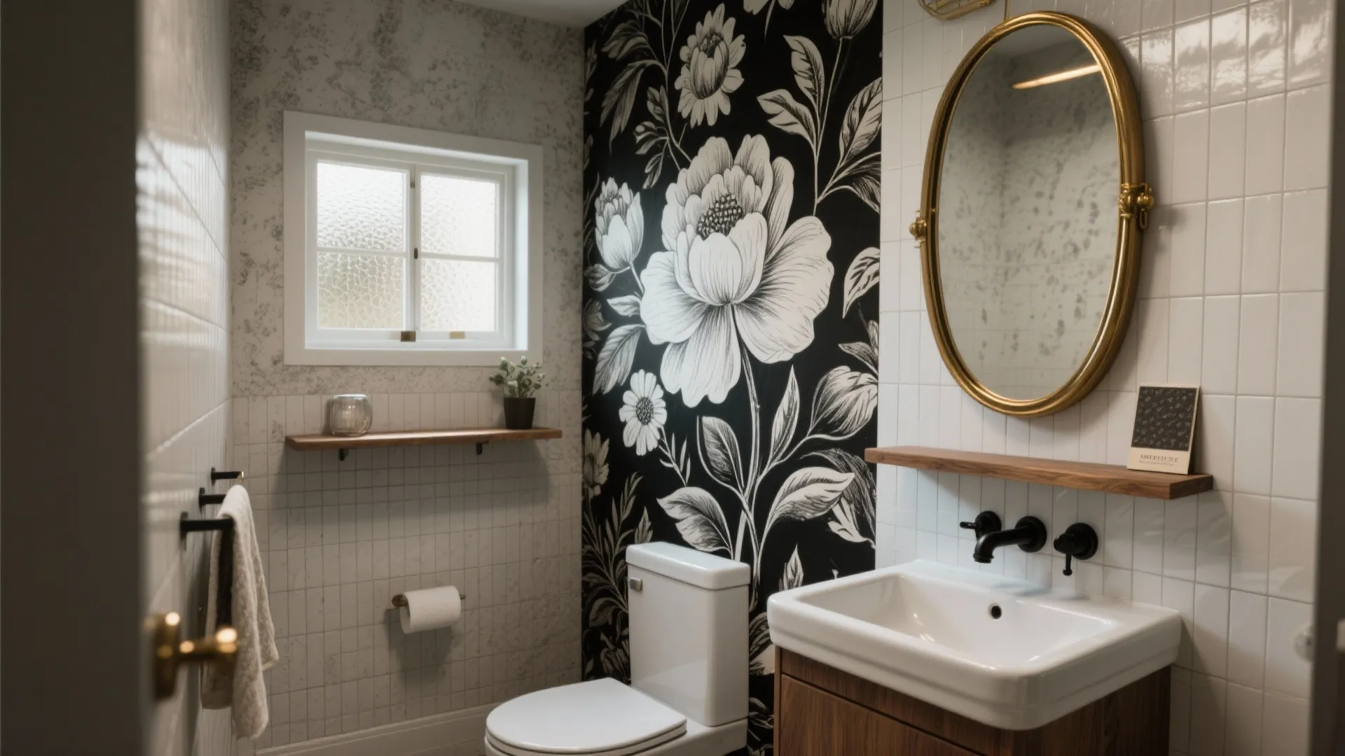 Small bathroom featuring black floral wallpaper a white toilet wooden cabinet and a gold mirror