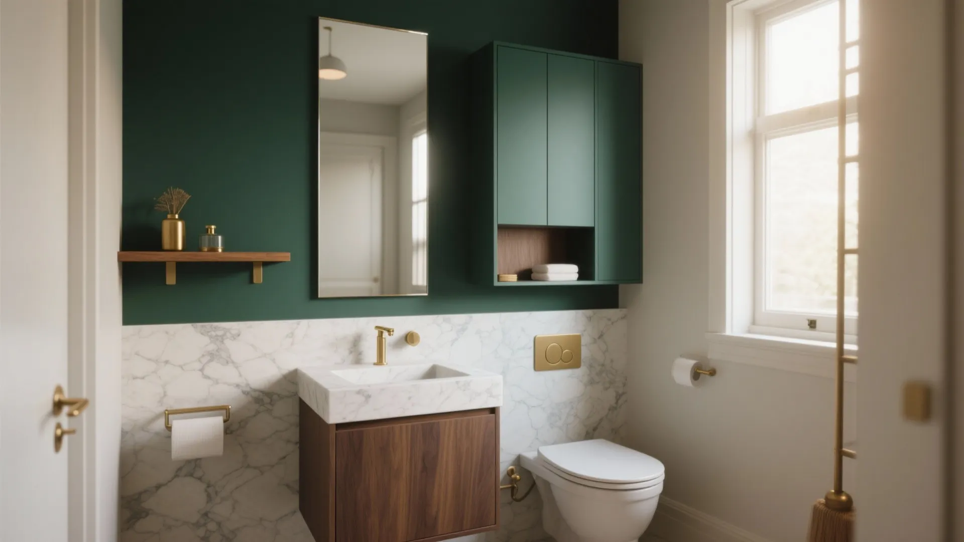 Modern powder room with green walls marble tiles wood cabinet white toilet and gold water tap