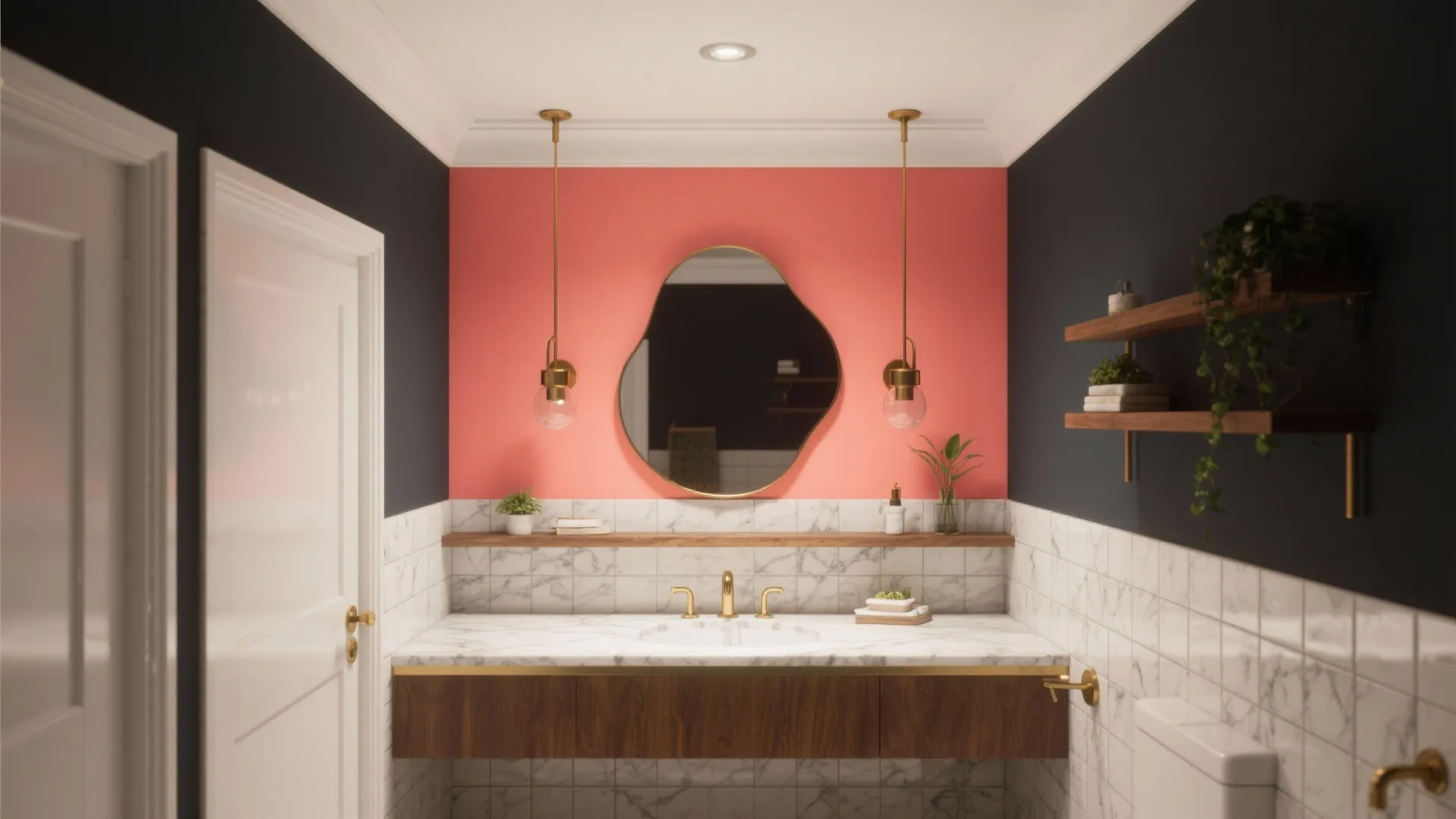 Colorful bathroom featuring pink wall, marble tiles, wooden cabinet, round mirror, and two hanging lights