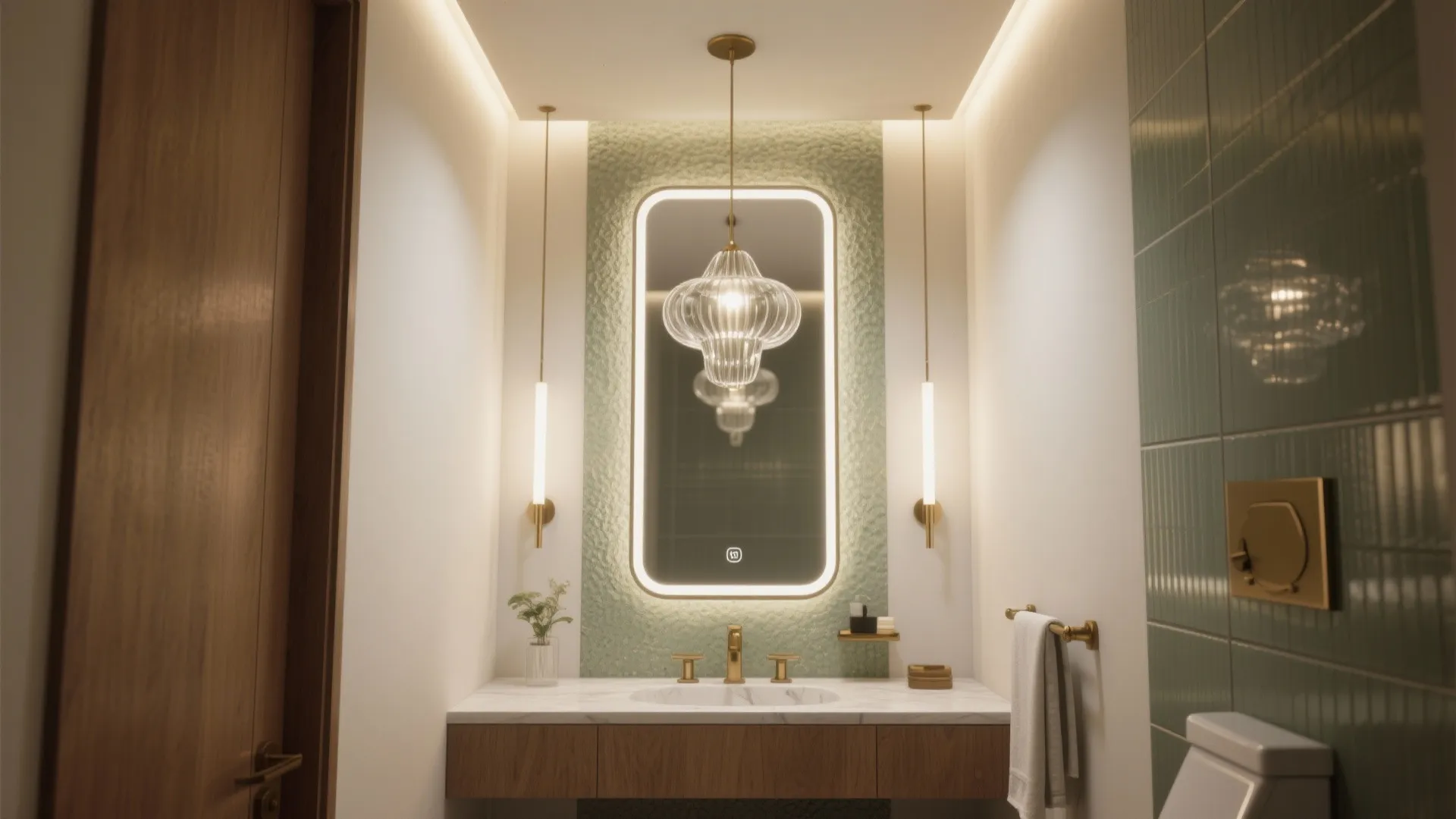 Elegant bathroom with illuminated mirror glass ceiling light green tiles wooden cabinet and gold hardware finishes