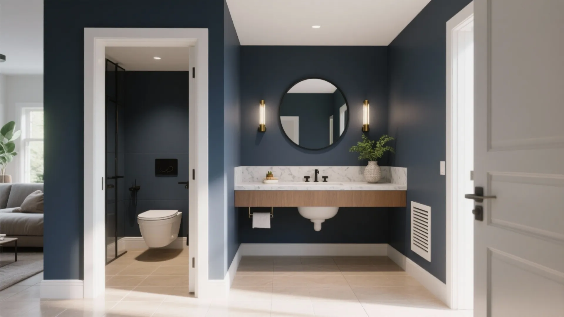 Modern blue powder room featuring a wooden floating vanity with marble countertop and round mirror