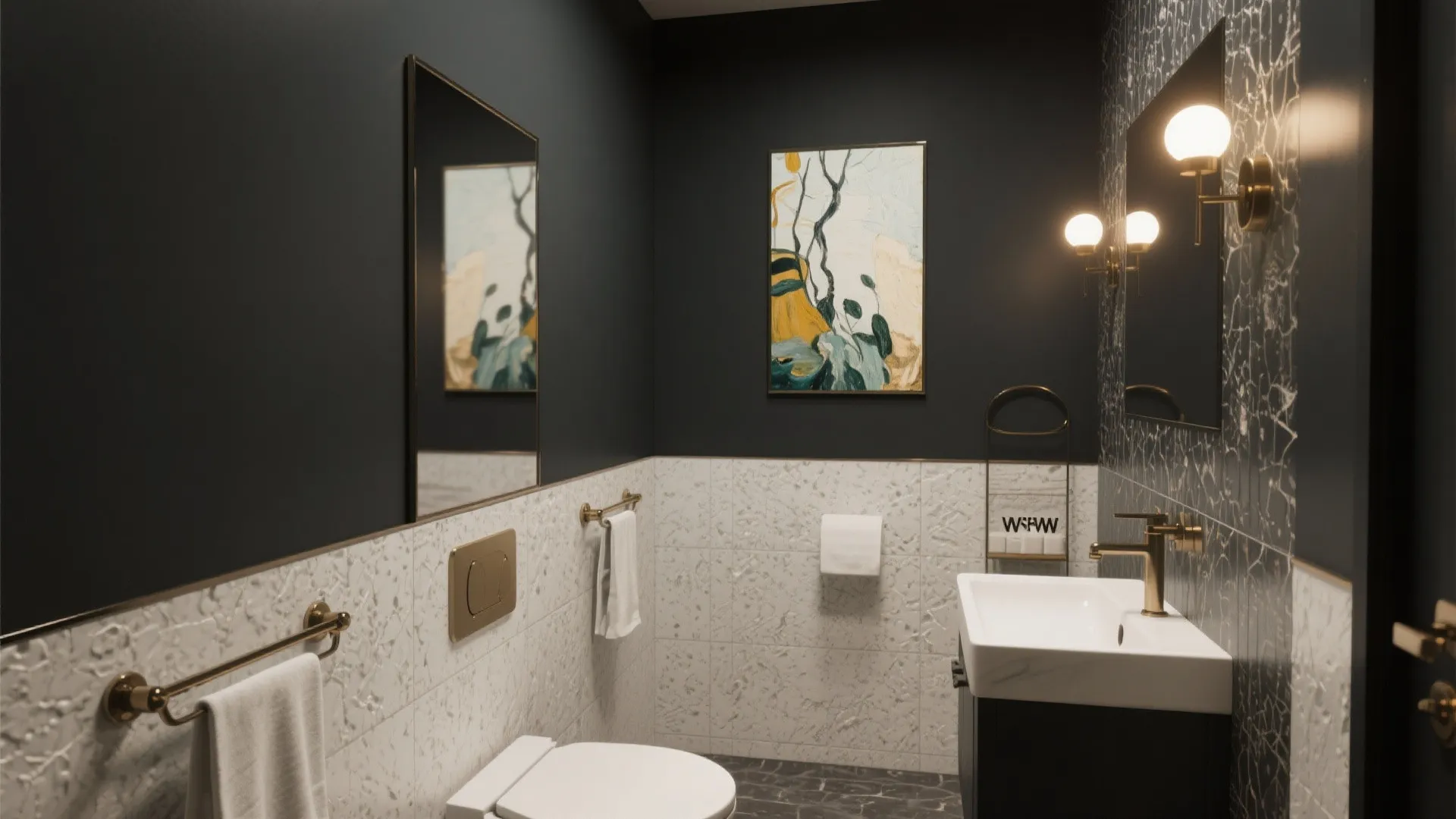 Modern bathroom with dark walls white tiles gold wall light black cabinet and marble pattern wall