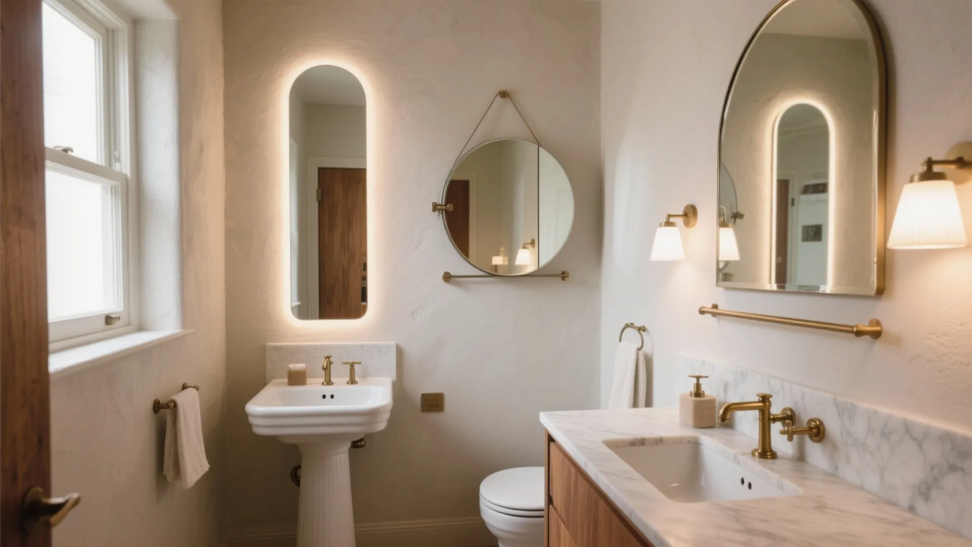 Elegant white bathroom featuring gold faucets several different wall mirrors and a white marble countertop