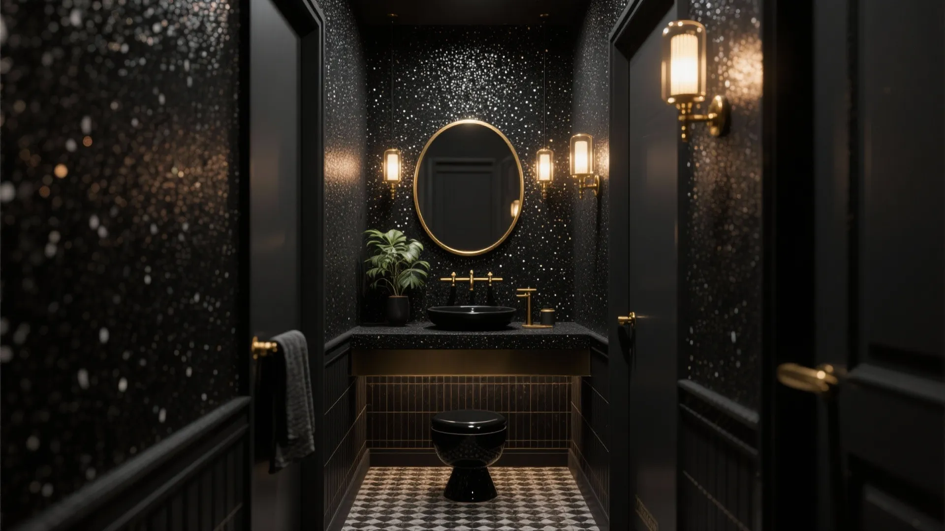 Small black bathroom with round gold mirror, dark sink, patterned floor tiles, and sparkly walls