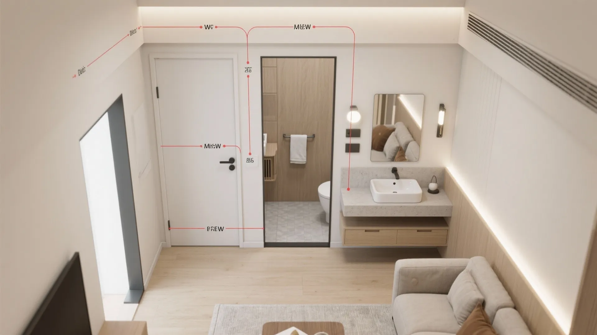 Top-down layout showing pocket powder room access and clearances from the living room.