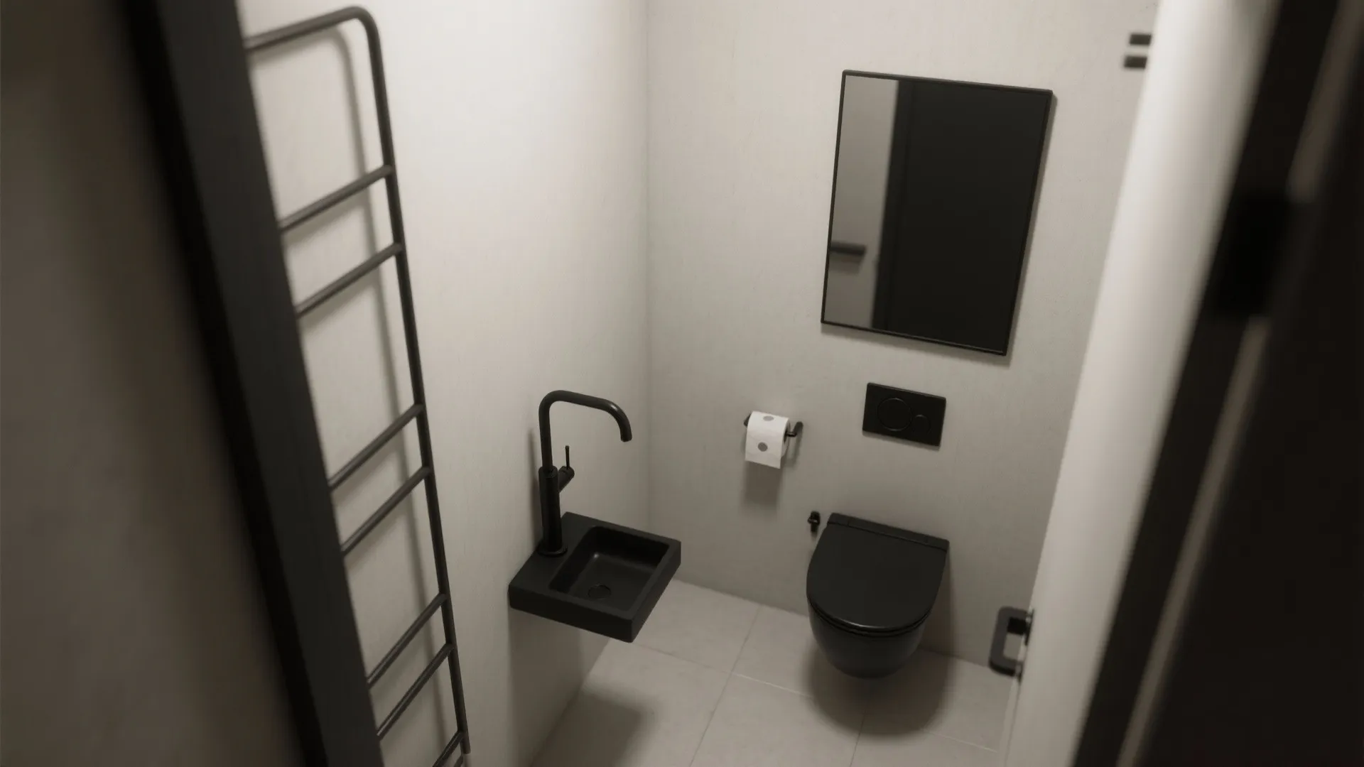 3. Minimalist black fixtures for tiny powder rooms