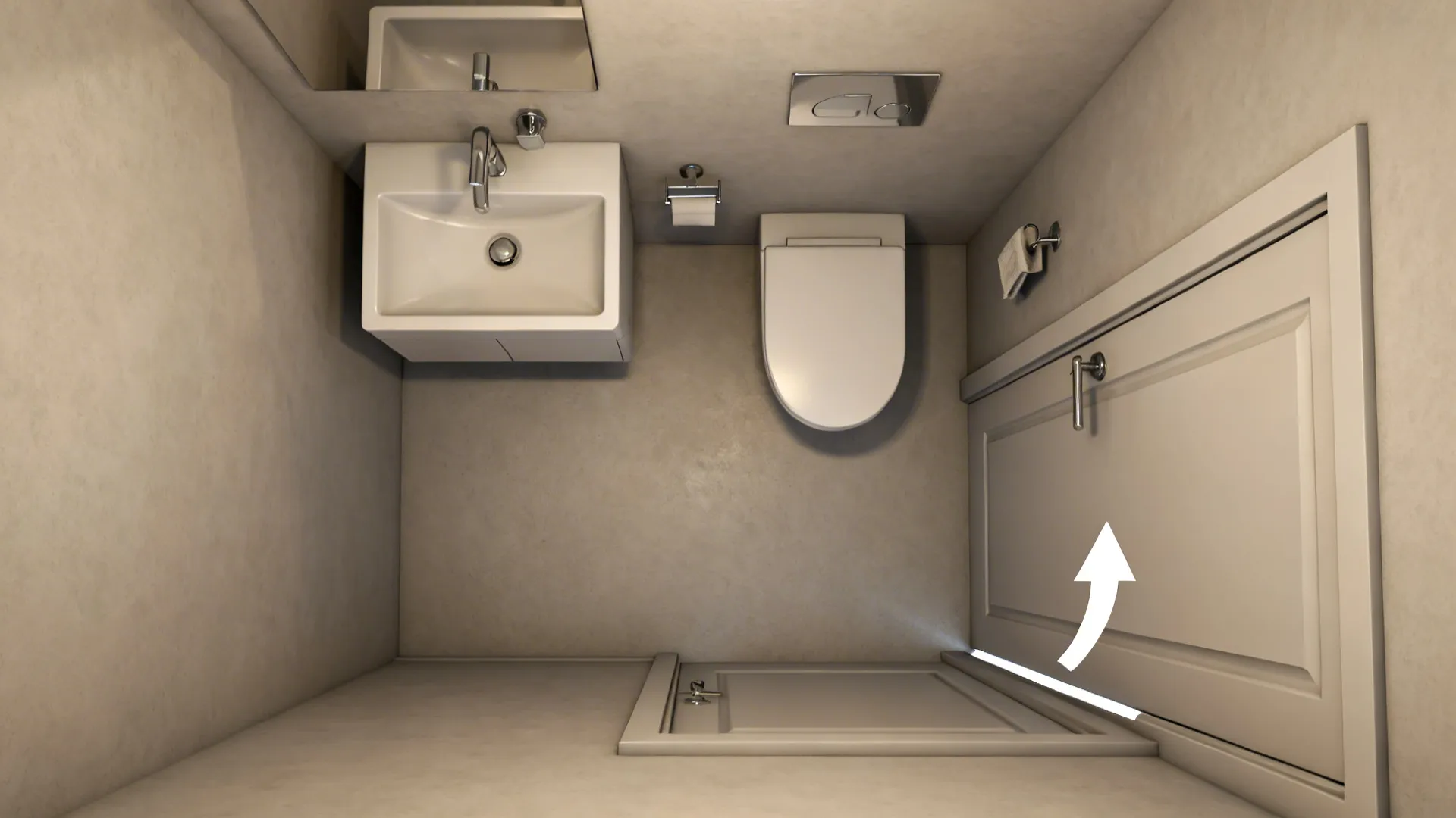 Top-down mockup of compact powder room floor plan showing layout and door swing considerations