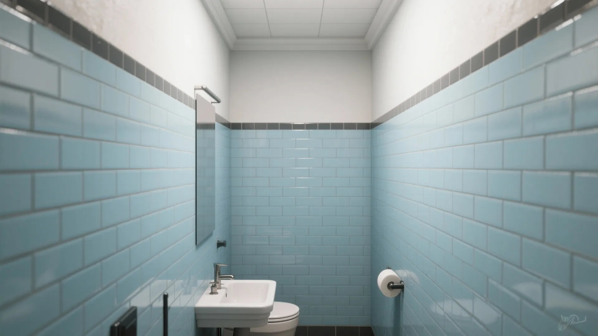 Vertical powder-blue subway tiles with contrasting grout in a narrow bathroom.