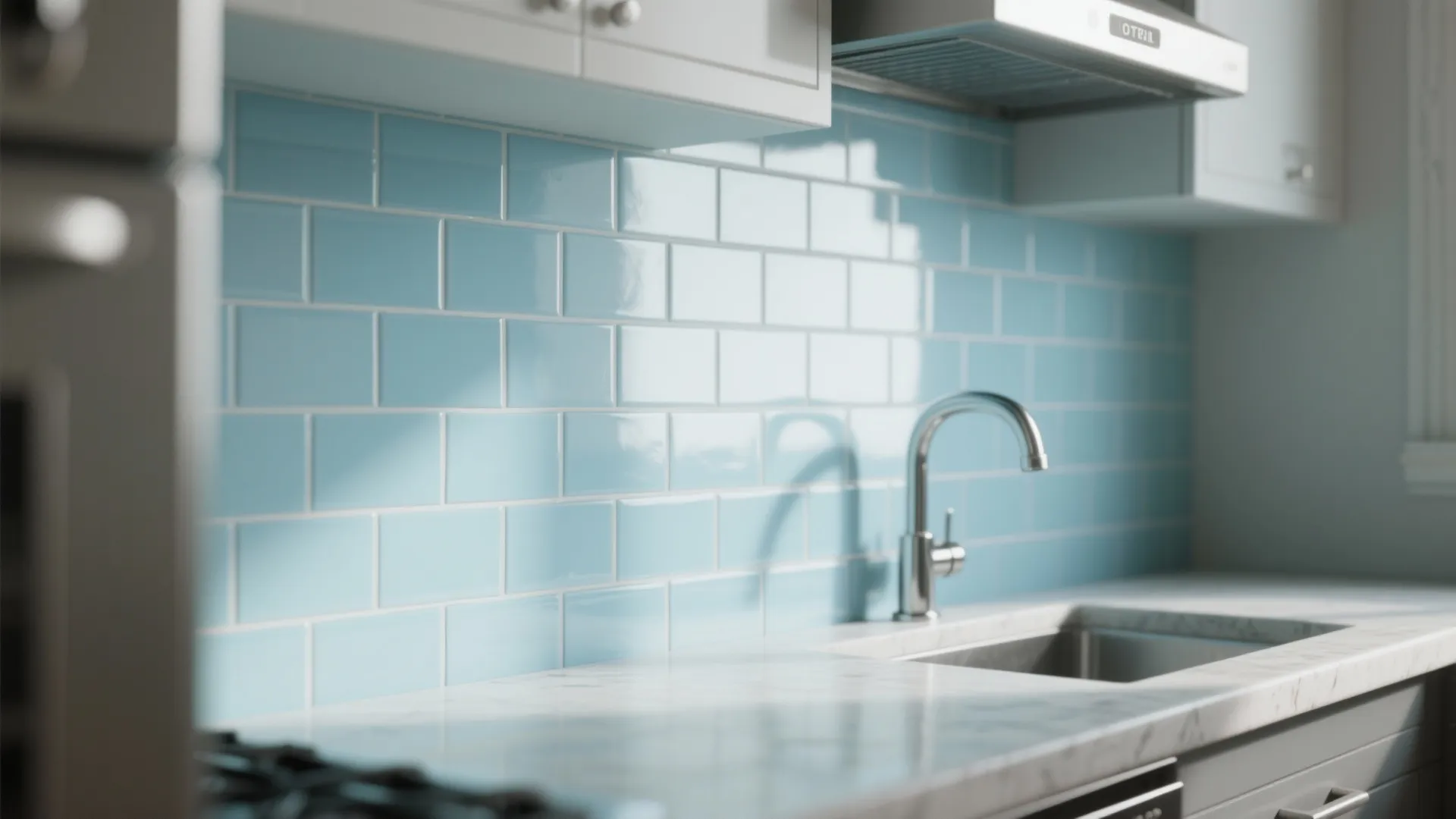 Kitchen wall with light blue tiles white marble countertop silver faucet and white upper cabinets