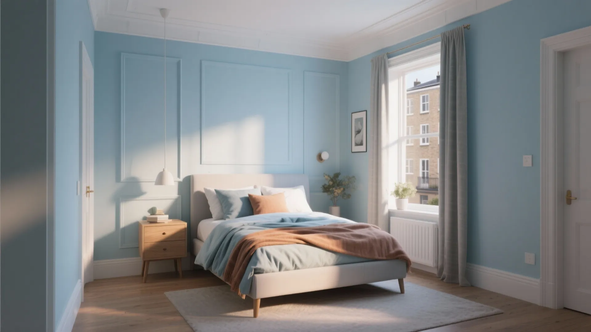 Townhouse bedroom in powder blue with warm undertones, Scandinavian linens and matched trim for a cozy look.