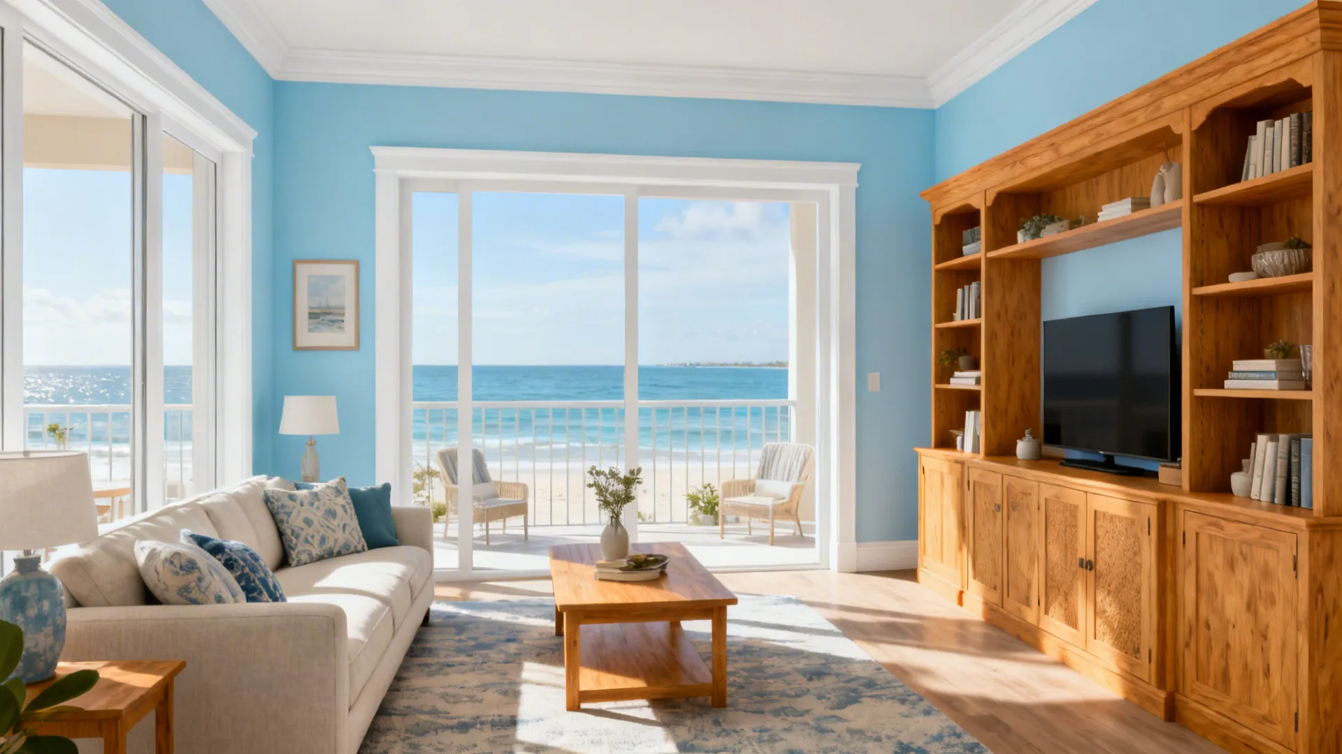 Seaside condo living room in powder blue with warm honey oak furniture and white trim.