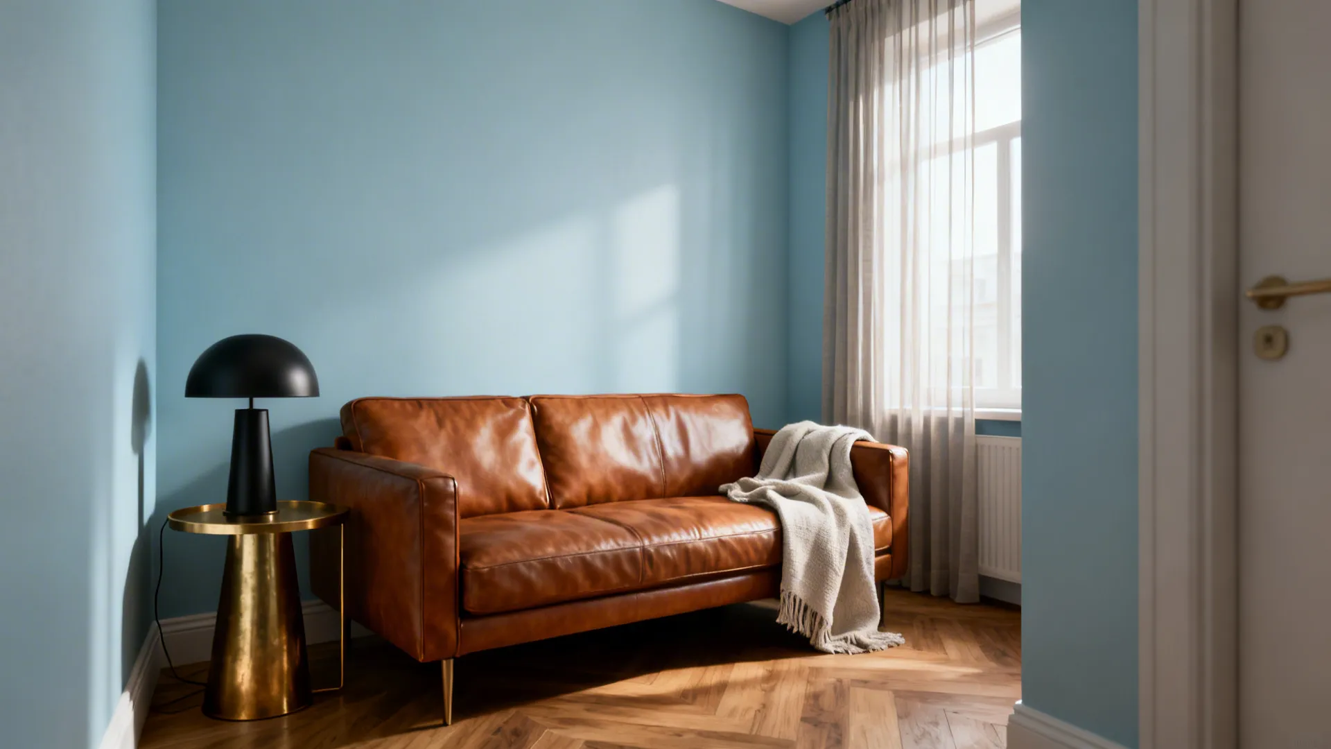 Brown leather sofa against light blue walls with gold side table and patterned wooden floor