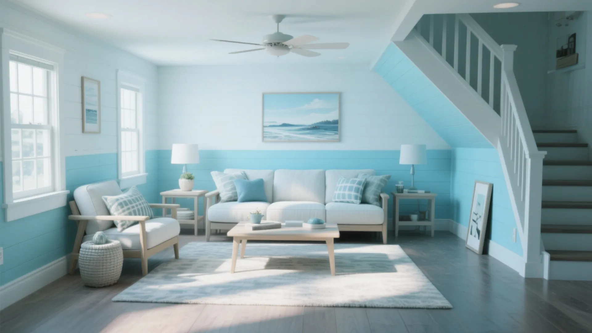 Bright blue and white living room with white sofa and wooden floor near a staircase